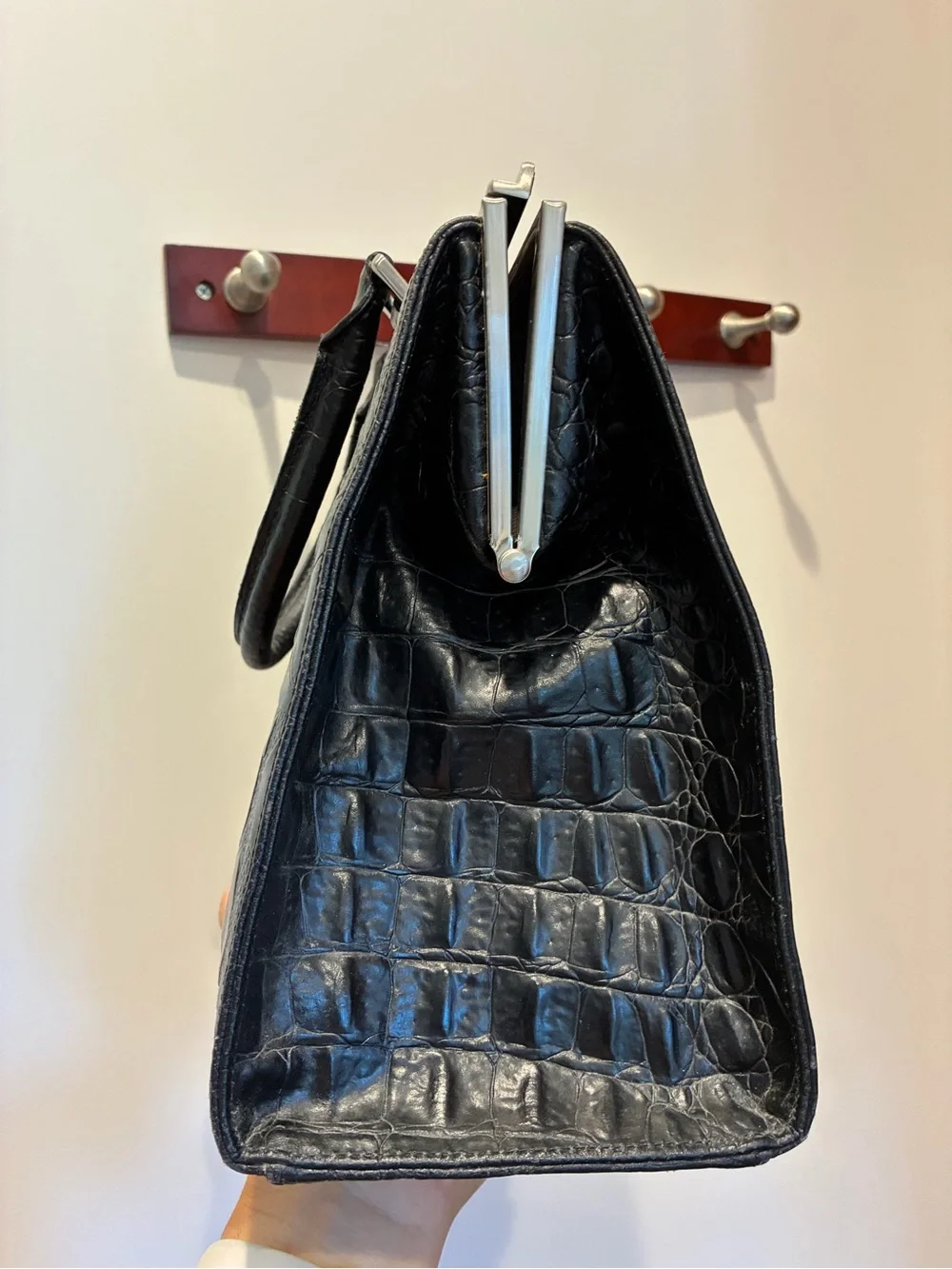 Ann Taylor Black Embossed leather Croc-Pattern Satchel